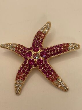 Gold Tone Starfish Brooch with Pink and Clear Rhinestones 2”